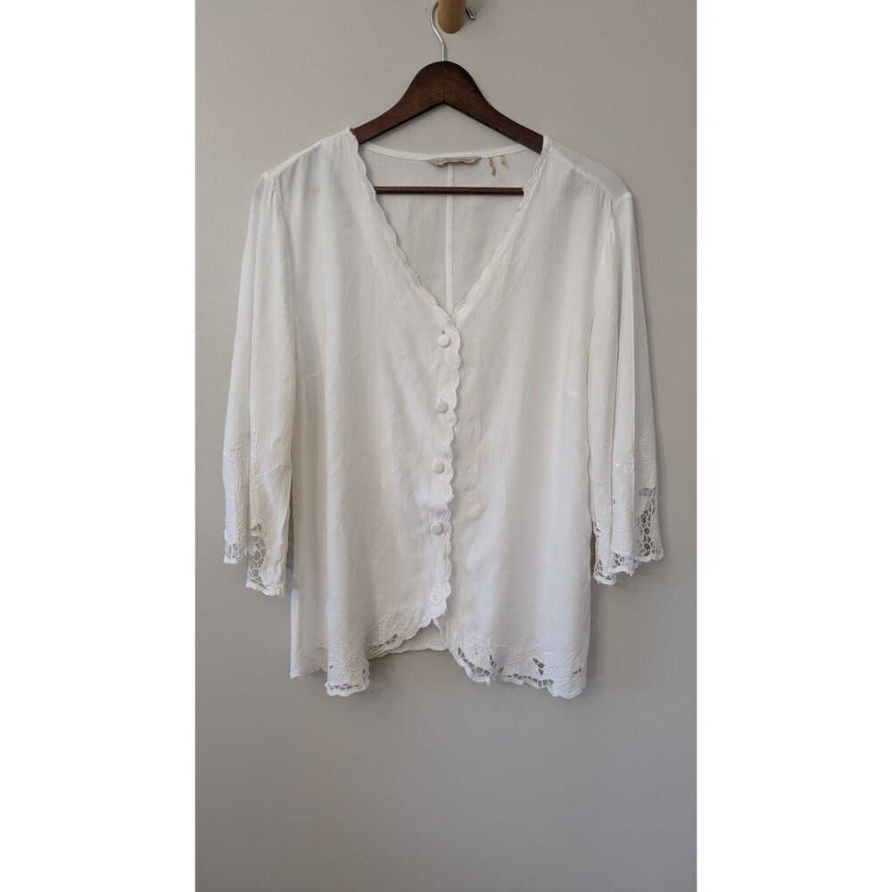 Soft Surroundings Button Up Top M White Cottagecore Boho Embroidered Bell Sleeve